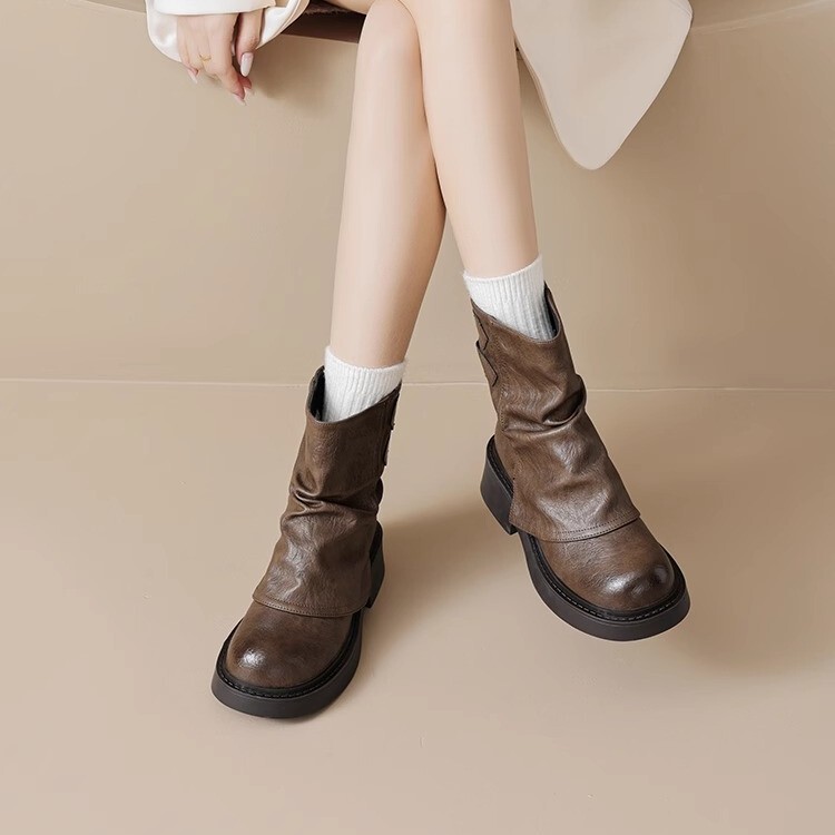 奥古达芙马丁靴女夏季2025新款厚底堆堆短靴子裤管西部靴春秋爆棕|undefined