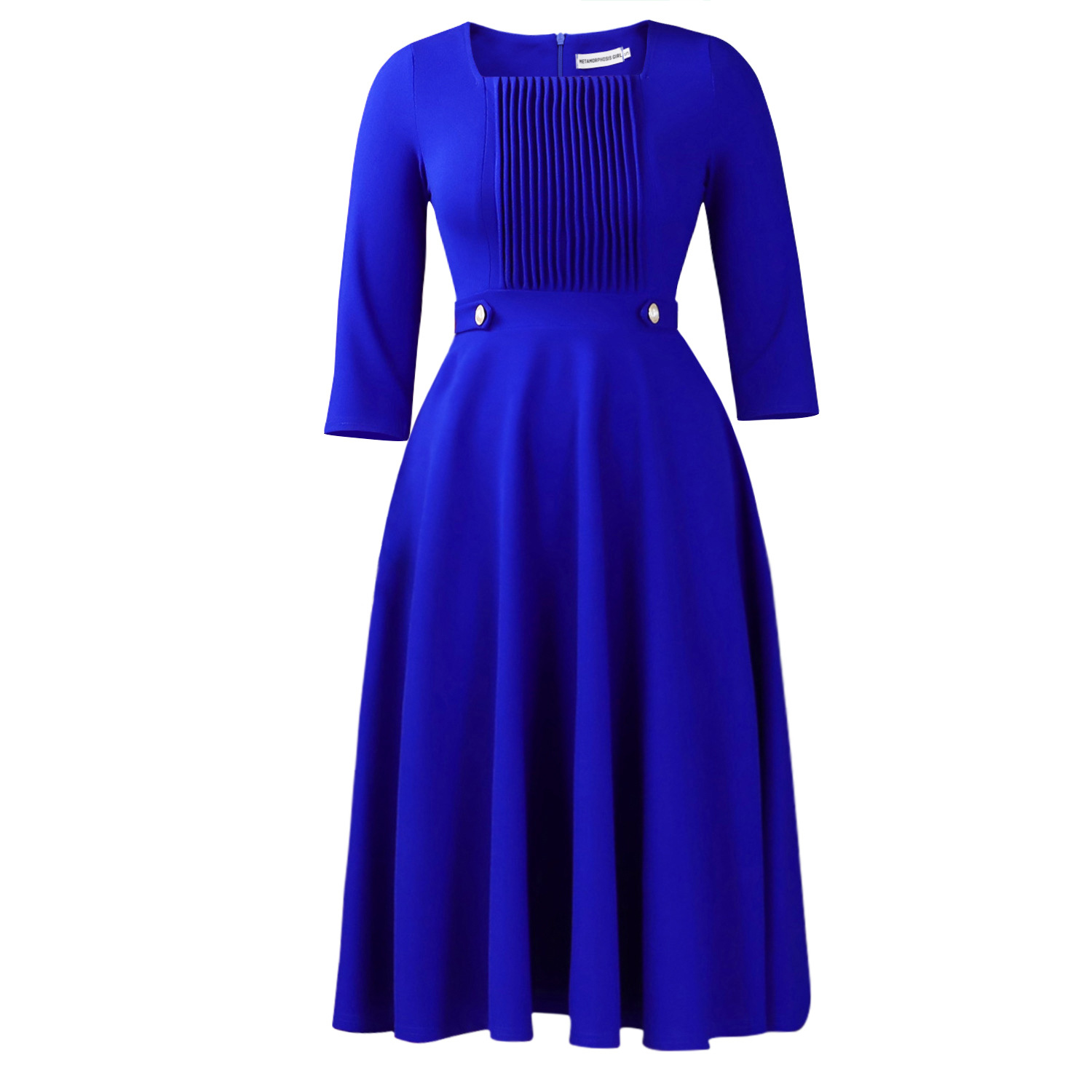 Women's Square-Neck Pleated Solid Color High Waist Dress