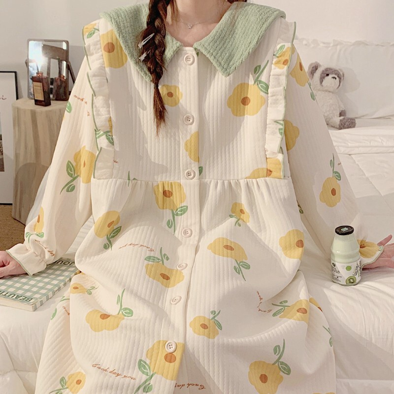 Maternity nightdress spring and autumn air cotton with chest pad nursing dress pregnant confinement clothes winter maternity nightdress
