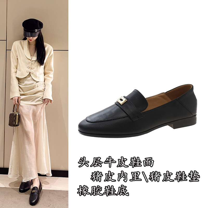 여성용 1층 소가죽 로퍼 2025 봄 신상 영국 스타일 가죽 구두 블랙 소프트 가죽 소프트 솔 플랫 슈즈