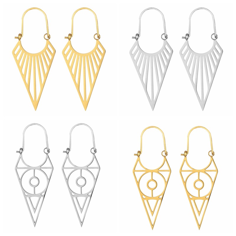 Joyería de comercio exterior europeo y americano de acero inoxidable hueco geométrico triángulo pendientes vintage bohemio tallado pendientes