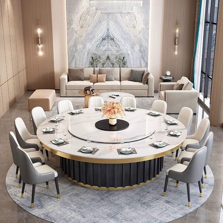 酒店餐桌岩板家用电动大圆桌轻奢圆形电磁炉火锅桌可旋转转盘组合