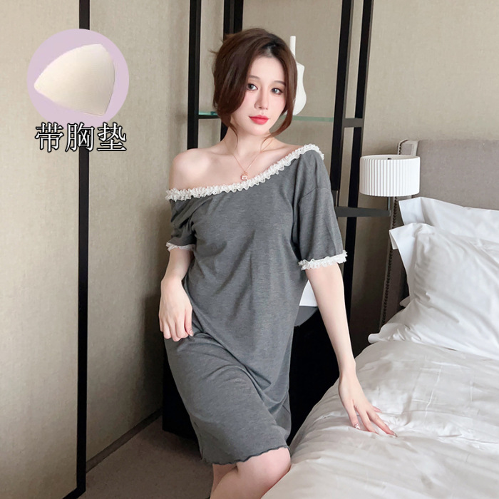 Verano modal sexy suspender nightdress mujeres falda de encaje con el cojín del pecho TikTok transmisión en vivo delgada homewear entrega