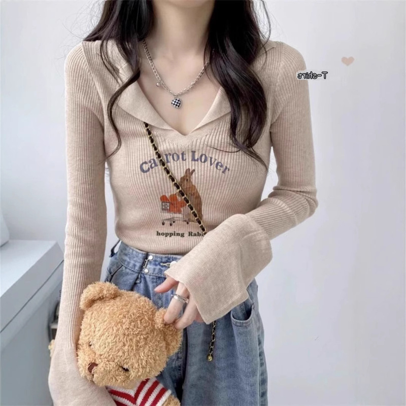 Spring New Korean-style Niche Printed Lapel Long-sleeved Sweater Women's Slim-fit Slim-fit Daily All-match Base Top