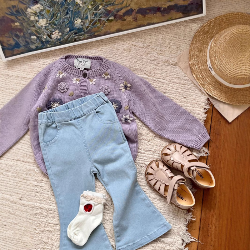 Girls' Bell-Bottom Pants 2023Ss Japanese Style Pippi Versatile Series - 2 Colors High-Quality Stretch Denim Pants for Girls