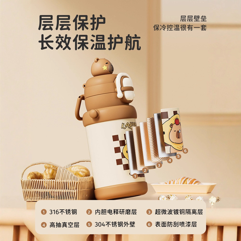 新款卡皮巴拉保温杯316不锈钢保温杯一盖三饮带提绳儿童吸管水杯|undefined