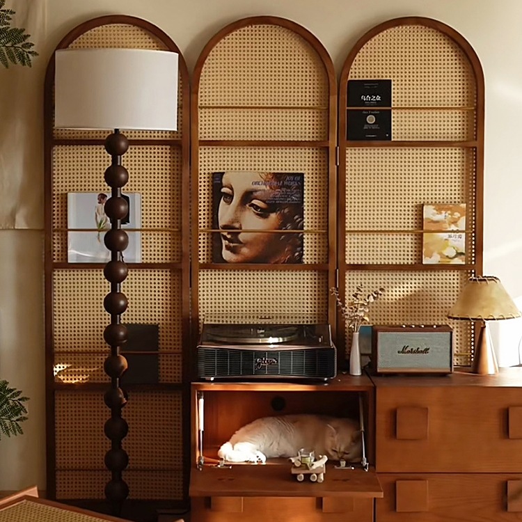 Retro-Style Rattan Screen Partition for Living Room, Foldable and Movable French-Style Bedroom Entrance Foyer Facing Door Storage Bookshelf