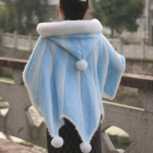 跨境渐变色七星斗篷连帽 秋冬新品成人儿童手工编织毛球披风披肩