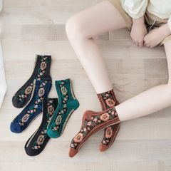 Women's cotton blend mid-length socks, autumn and winter thick style, Mori-style literary floral socks, trendy retro high-top socks, mid-length.