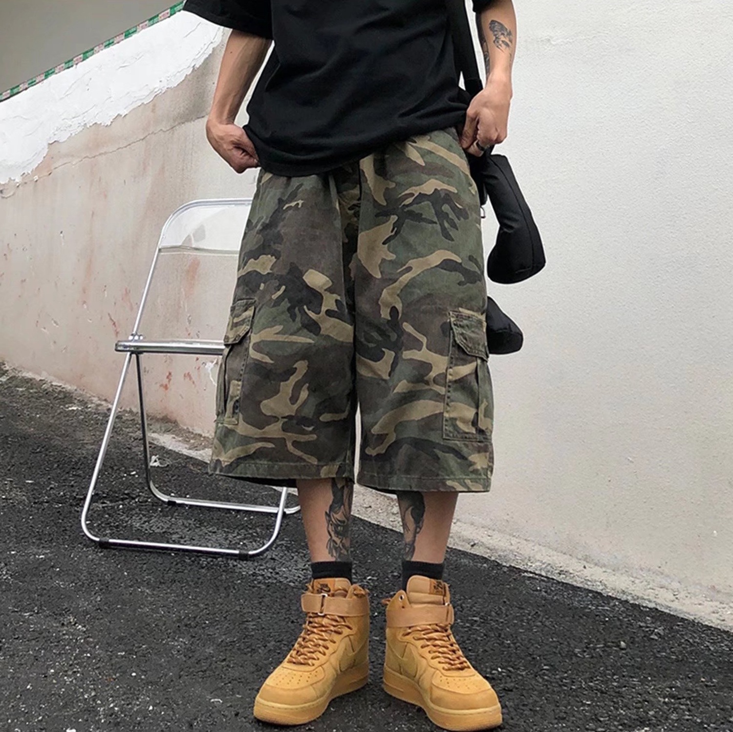 Camouflage Cargo Shorts Men's Summer New Korean Style Trendy Brand Loose Straight Cropped Pants Youth Multi-Pocket Casual Pants