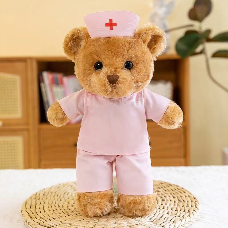 Médico traje de enfermera oso de peluche muñeca de peluche uniforme de enfermera osito puede imprimir logotipo regalo de evento de oso