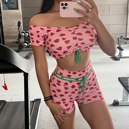Brazilian MBR Strawberry Print Yoga Suit Women's Summer Tie Rope Sports Top Peach Butt Sports Fitness Wear