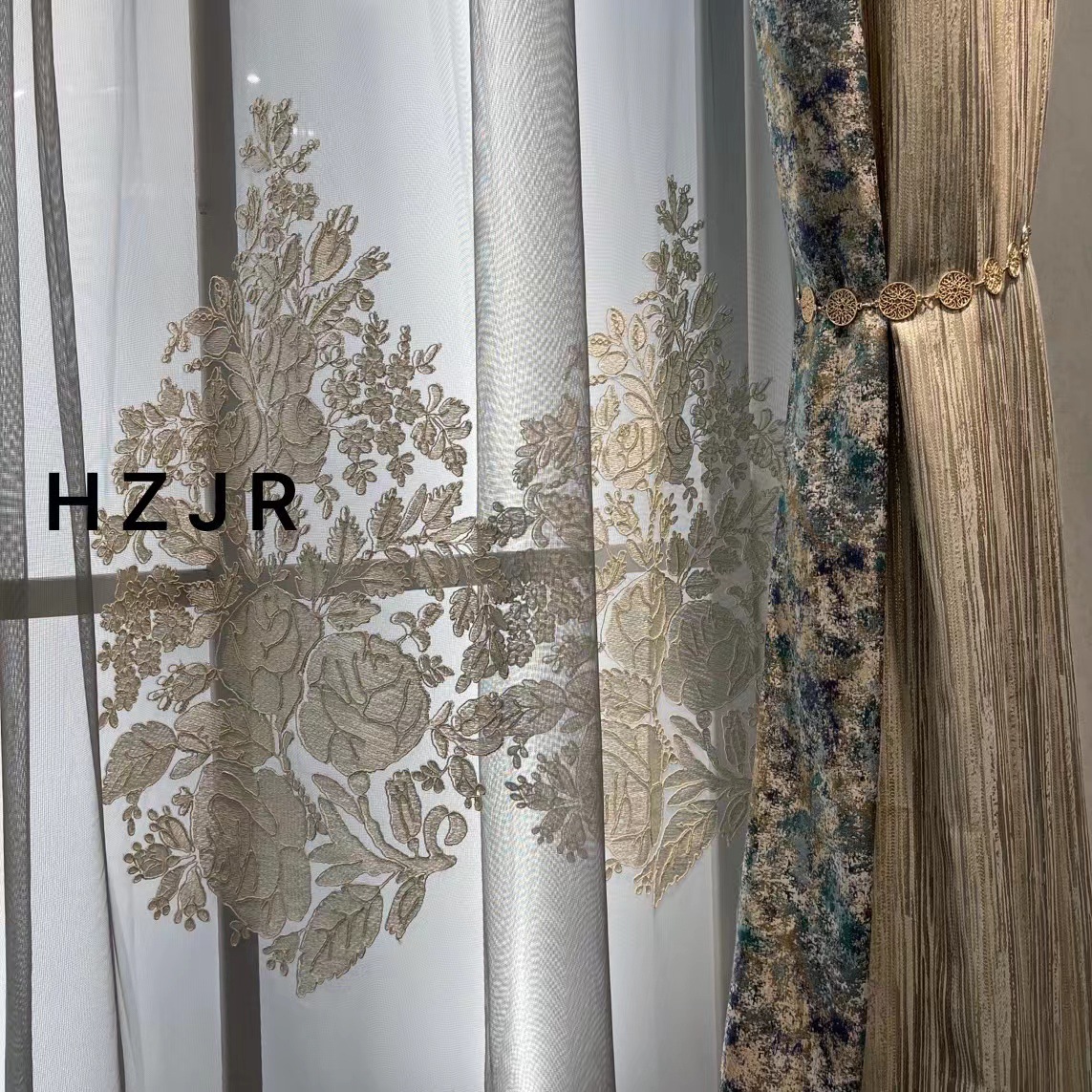 Source Factory New High-end Light Luxury Living Room Curtain Retro Simple Vertical Stripe Curtain Embroidered European Floral Yarn