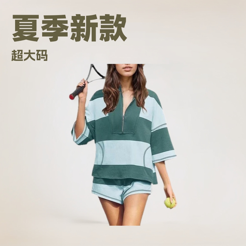 2025亚马逊欧美春夏新款女士条纹半袖超大衬短裤休闲运动服两件套