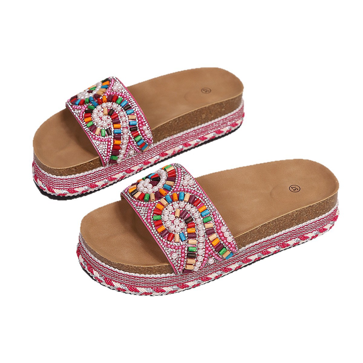 Women's Thick Soled Cork Beach Sandals New Style plus Size Rhinestone Ethnic Size 43_voghion.com