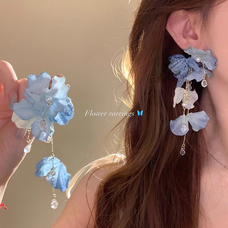 超仙蓝色流苏花朵水晶耳钉女高级感度假风耳环轻奢绝美气质耳饰|undefined