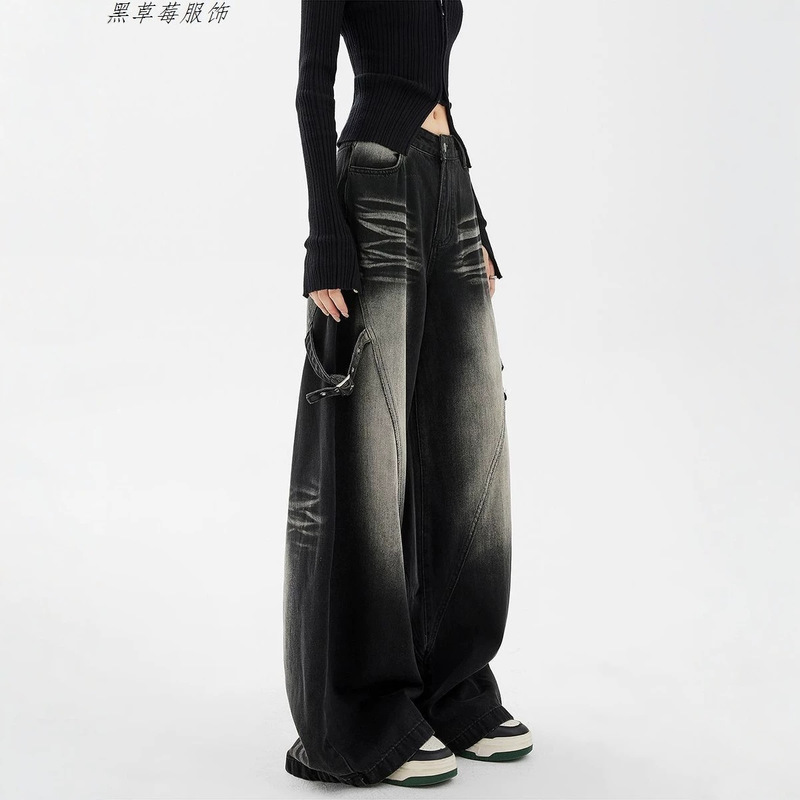 American-style trendy street vibe fashion design washed black jeans for women, high-waisted, loose-fitting, slimming, wide-leg pants American-style trendy street vibe fashion design washed black jeans for women, high-waisted, loose-fitting, slimming, wide-leg pants