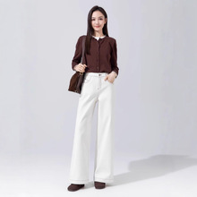 2025冬加绒牛仔裤黑科技三防白女裤漫画线条感直筒阔腿裤遮肉显瘦