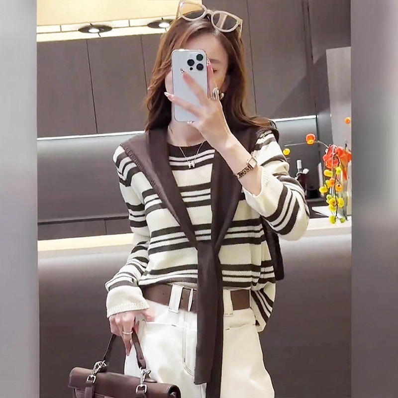 早秋条纹披肩假两件针织衫女2025新款夏季款宽松慵懒风初秋上衣女|undefined