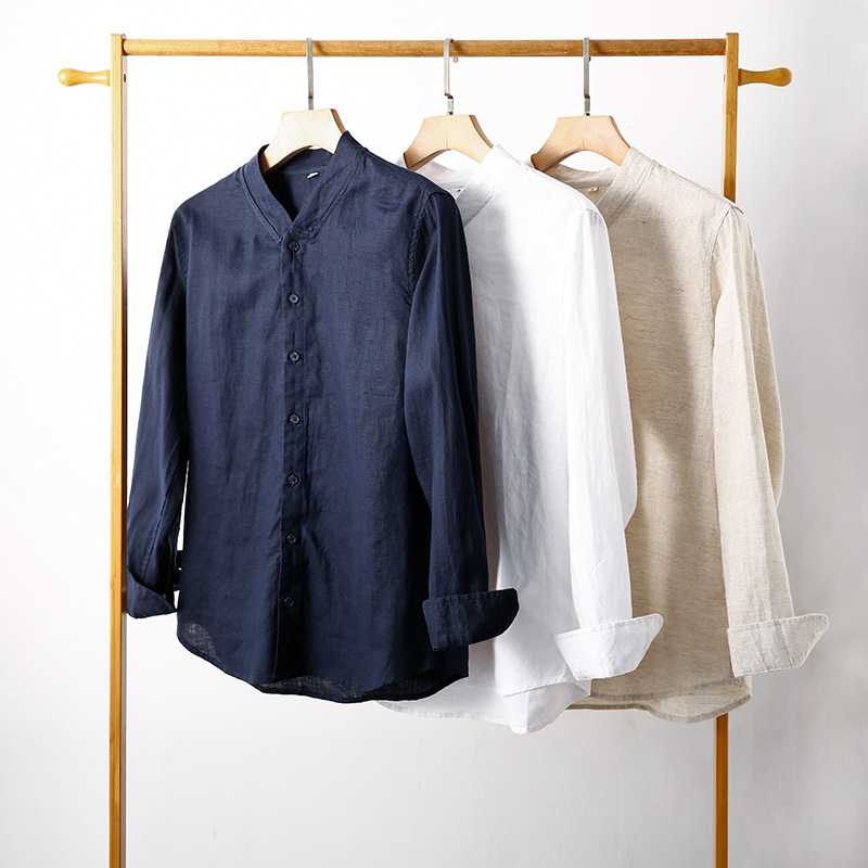 2025 New Spring Linen Shirt Casual V Neck Linen Men's Spring and Summer Long Sleeve Shirt Thin Top