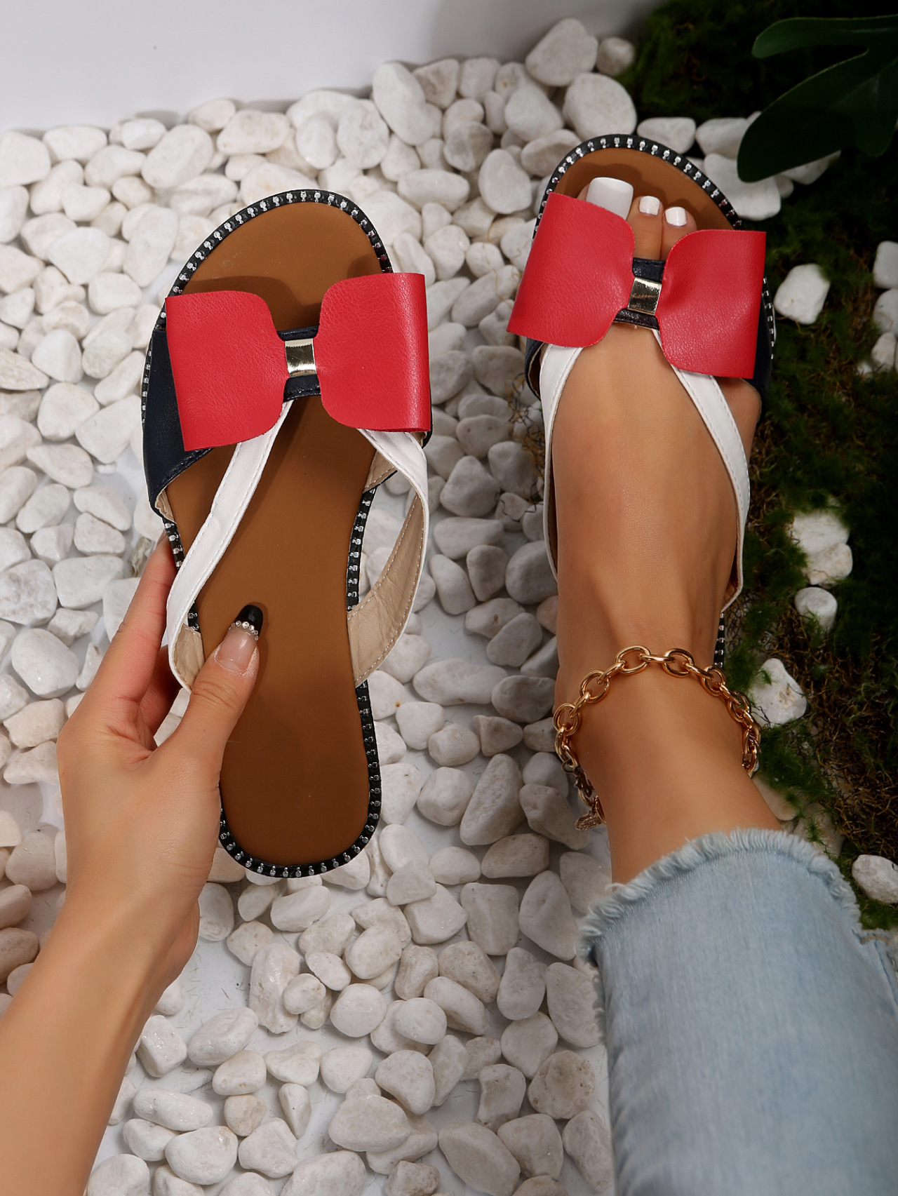 Women's Colour Block Suede Pu Sandals Flat Bow Summer Beach Shoes_voghion.com