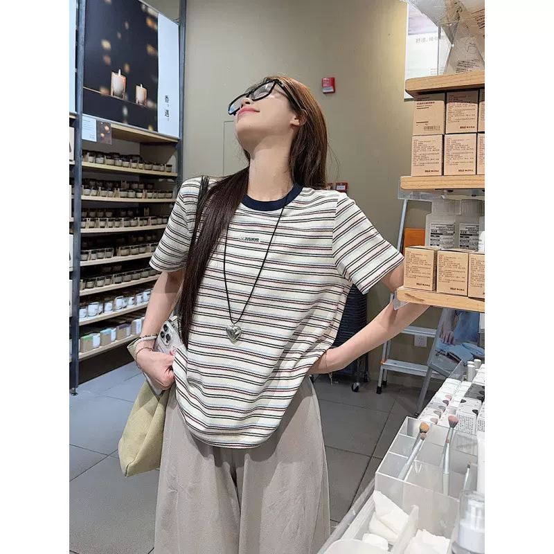 韩系复古圆领条纹正肩短袖t恤女夏季新款显瘦修身小个子短款上衣