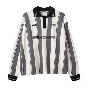 Contrast Striped Letter Printed Long-sleeved Polo Sweater Trendy Brand Loose Casual Lar Sweater for Men and Women