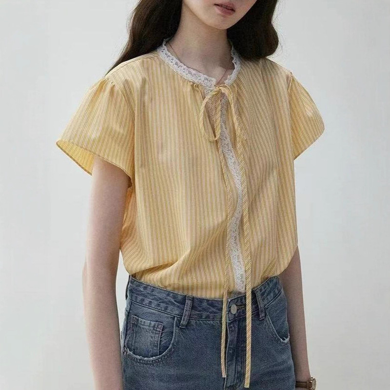 「Mustard Pie Vooe」Contrast Color Striped Lace Patchwork Strap Shirt Women's Summer Lace Flying Sleeve Loose Top