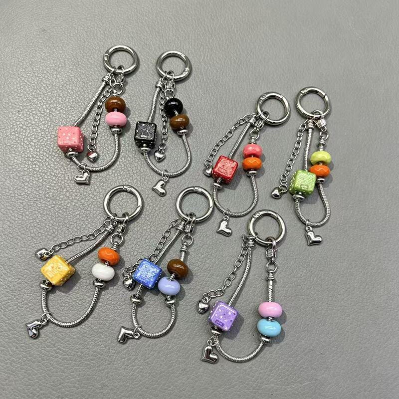 Korean-style dopamine square bead keychain, niche heart-shaped snake bone chain pendant, bag pendant, phone chain wholesale Korean-style dopamine square bead keychain, niche heart-shaped snake bone chain pendant, bag pendant, phone chain wholesale
