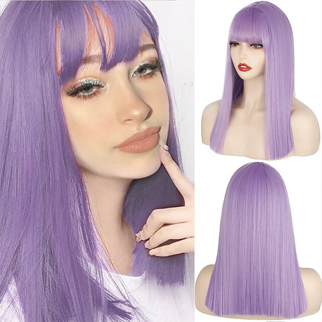 Synthetic wig New air bangs for women‘s medium length straight lilac hair_voghion.com