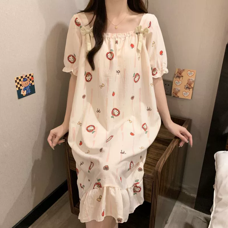 Summer pijama with bow, cute top with cups, long skirt, with short sleeve, loose fit, mid-length