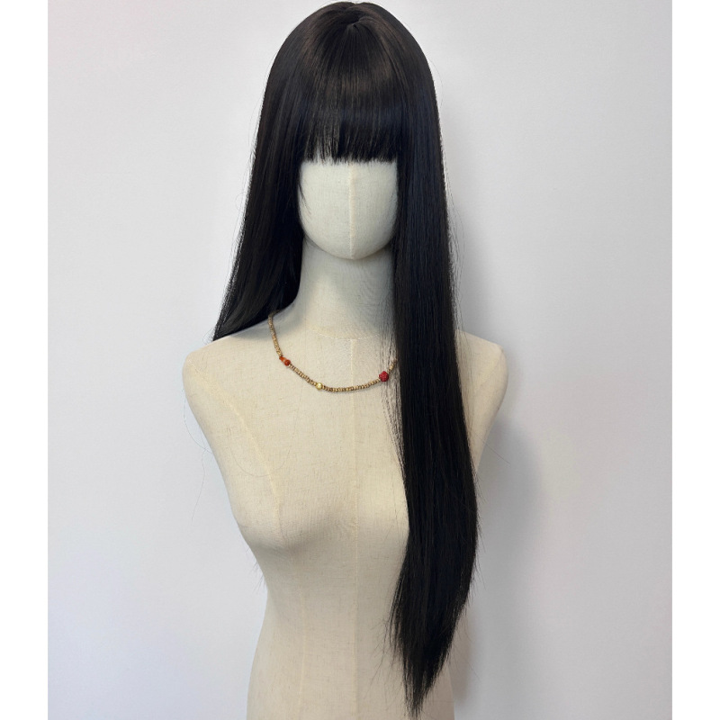 Yuyu Sweet Cool Doll Wig Women's 85cm Long Hair Black Long Straight Fashion Natural Simulation Hair Full Head Cover