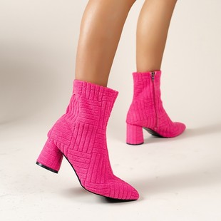 Cross-Border Large Size Thick Heel Terry Cloth High Heel Boots 2024 New Pure Color Side Zipper Pointed Toe Export Short Fashion Boots