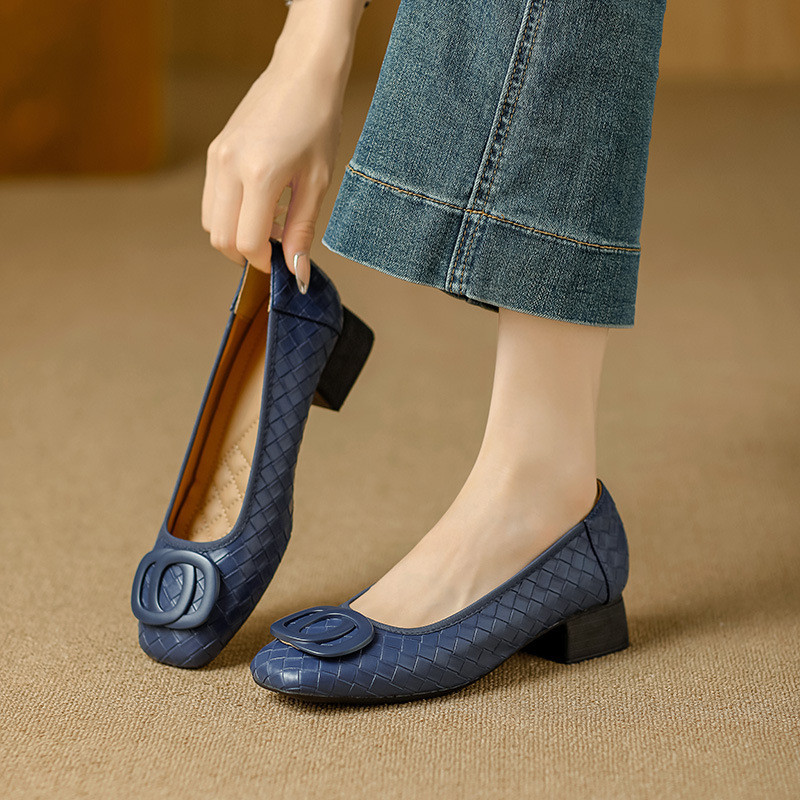 Effiebon Women's Shoes: Soft Lambskin, Comfortable French Style Single Shoes for Women, 2025 Spring Collection, Square Toe, Shallow Mouth, Chunky Heel Granny Shoes