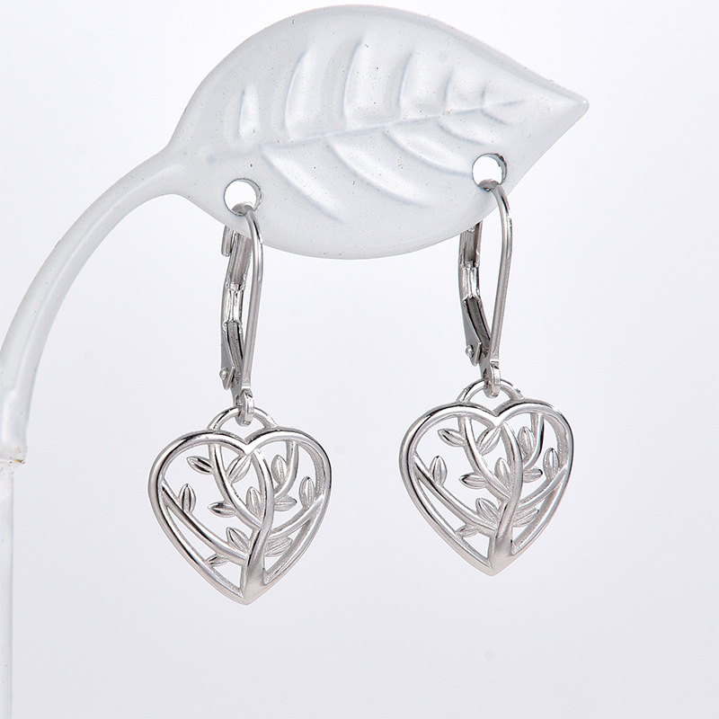 Amazon transfronterizo plata esterlina 925 aretes de árbol de vida hojas de corazón estilo francés pendientes de moda europeos y estadounidenses pendientes de comercio exterior