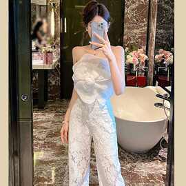 御姐时尚套装女立体花朵抹胸上衣+蕾丝阔腿长裤高级感两件套女夏