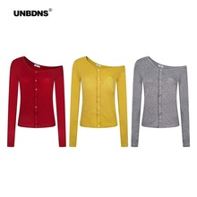 UNBDNS美式辣妹修身落肩针织开衫女秋季复古红色斜肩打底衫短上衣