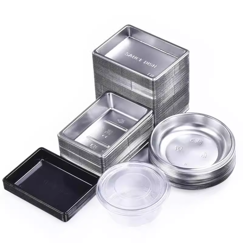 一次性食品级长方形银寿司酱油芥末醋碟外带卖酱料蝶加深圆形黑色
