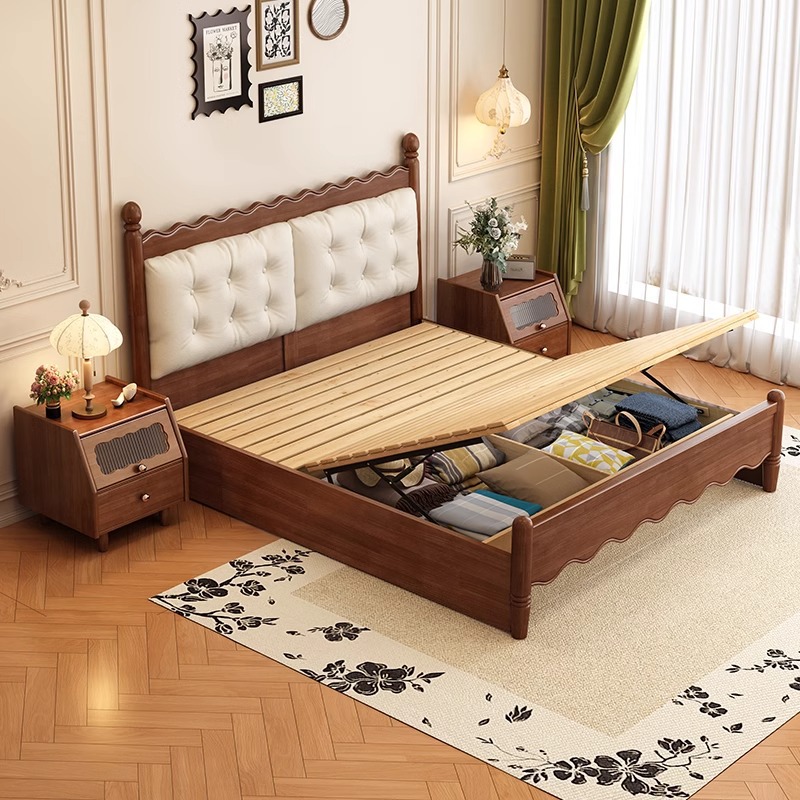 Cama de madera maciza de estilo crema medieval cama doble francesa Windsor dormitorio principal moderno simple nube pequeña casa