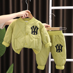2023 Winter New Boys' Round Neck Cotton Jacket Long Sleeve Set Baby Boys' Warm Cotton Suit Two-Piece 