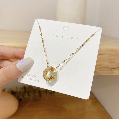 Japanese and Korean Style Double Ring Design Titanium Steel Necklace for Women, Unique Design with a Touch of Luxury, Lightweight and Versatile Geometric Accessory, Wholesale