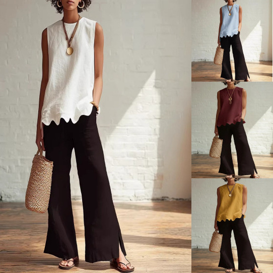 2026 Spring/Summer Amazon Independent Site European and American New Style Solid Color Round Neck Sleeveless Elegant Minimalist Wave Hem Shirt