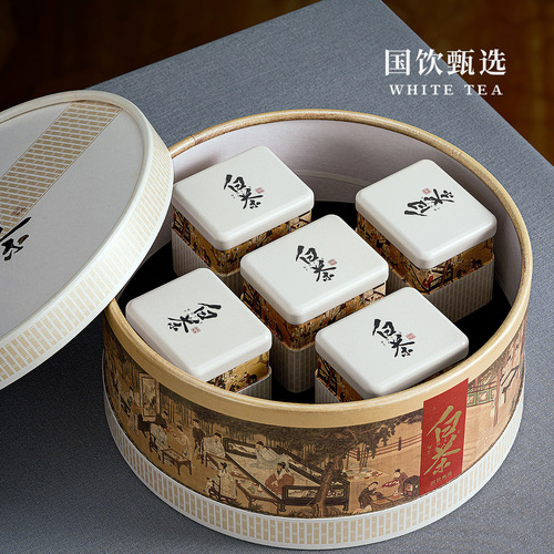 Hejing white tea half a catty 5 cans paper gift box Anji specialty white tea empty round tea packaging