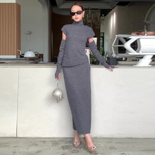 2025秋欧美亚马逊跨境外贸新款女装高领灰色简约带袖套休闲三件套