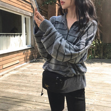 秋冬新款INS韩国代购复古柔软松弛感宽松显瘦条纹polo毛衣针织衫