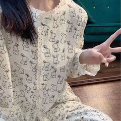 超萌卡通花边小兔子睡衣女春秋季长袖长裤套装学生宿舍外穿家居服