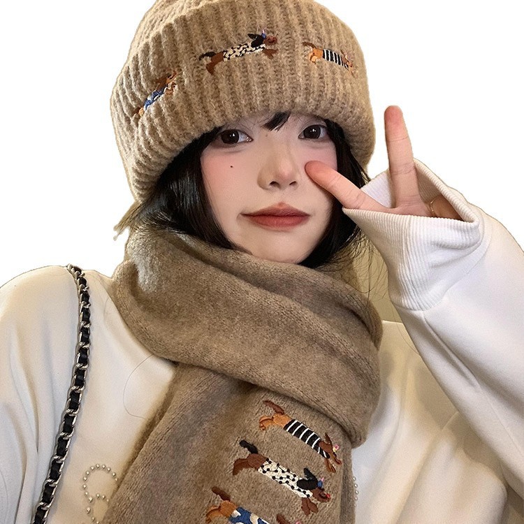 小狗刺绣针织毛线帽女秋冬季显脸小保暖防寒帽子韩系氛围感围巾|undefined