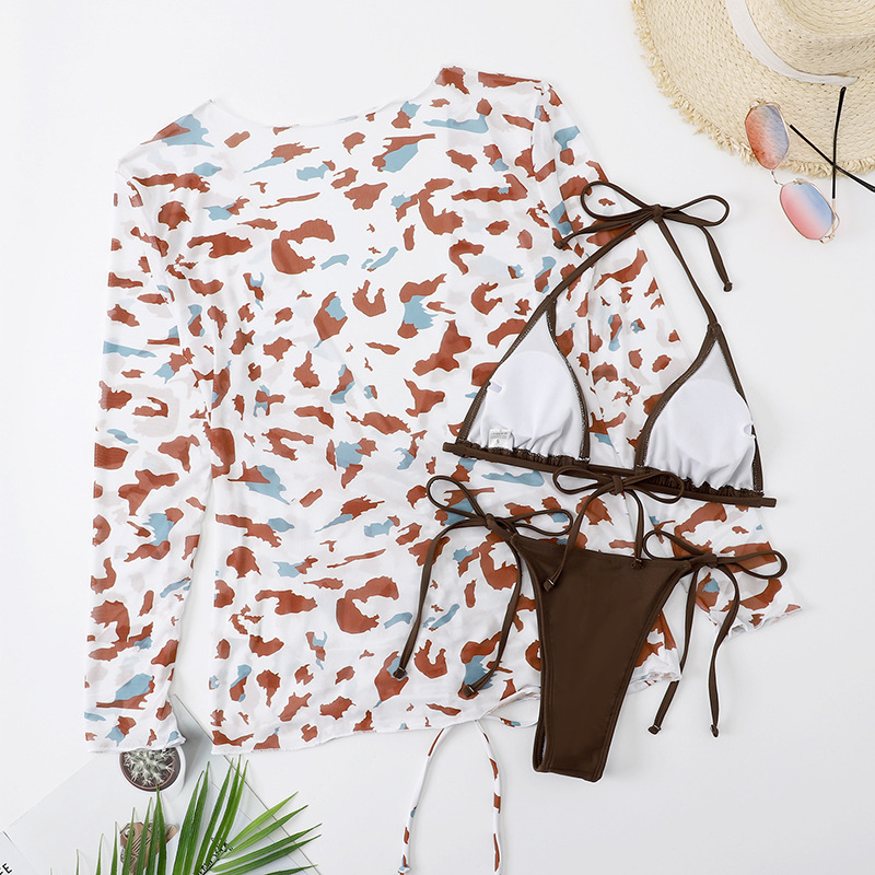 151g Weight Sleeveless Sleeve Length Polyester Fabric Type 3 Pieces Set Quantity Swimming Pool, Beach Occasion Strap Neckline Skinny Fit Type Color Block, Stripe, Leopard Pattern Women's Gender Sexy, Beach Style Women's Sexy Beach Color Block Stripe Leopard 3 Pieces Set Bikinis Swimwear 4