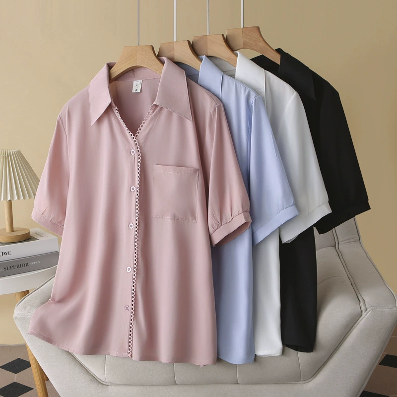 Рубашка больших размеров с короткими рукавами, кружевная планка, женская летняя рубашка 2025 года, летний кардиган с лацканами и v-образным вырезом, хлопковая рубашка, тонкая рубашка для толстых мм, 837