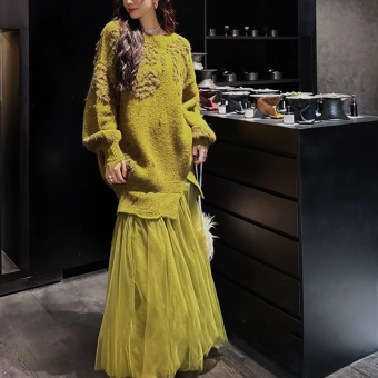 现货【清欢雪】秋冬氛围感毛衣拼纱裙25秋冬时尚褶皱连衣裙